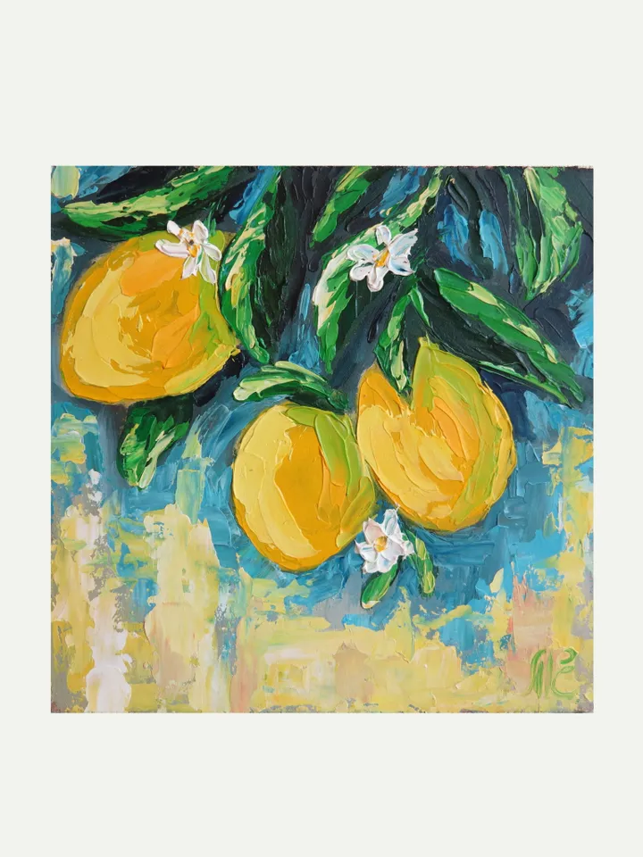 Original Oil Painting of Lemons on a Branch – Fresh Citrus Mini Art Bright Kitchen Wall Decor