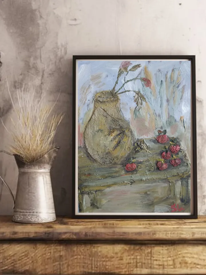 Oil painting with autumn apples and jug on table in garden, original painting on cardboard 10x7 inches