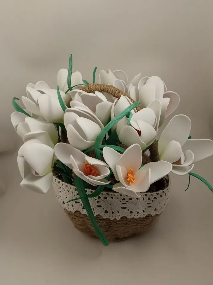 Handmade spring crocuses in linen basket/ floral arrangement/ Easter decor/ gift for her/ home decor/ mother day gifts