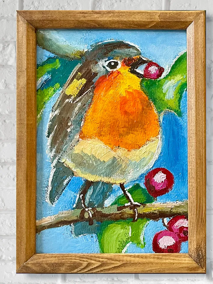Robin bird painting, original oil painting, Framed animal art