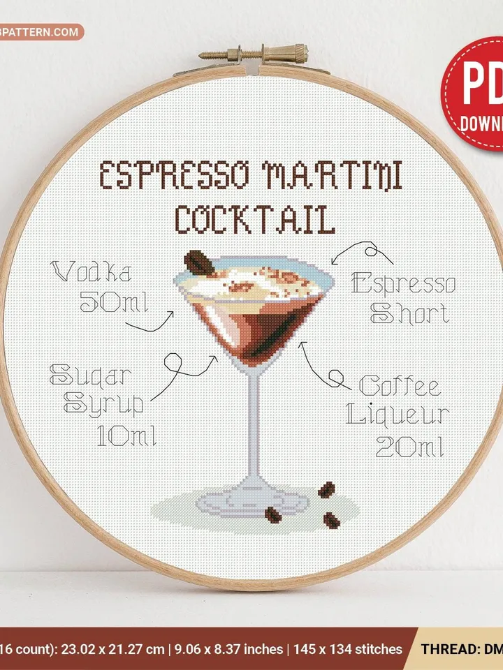 Espresso Martini Cocktail Recipe cross stitch pattern, home decor, counted, chart, gift DIY, embroidery, beginner, instant Digital PDF