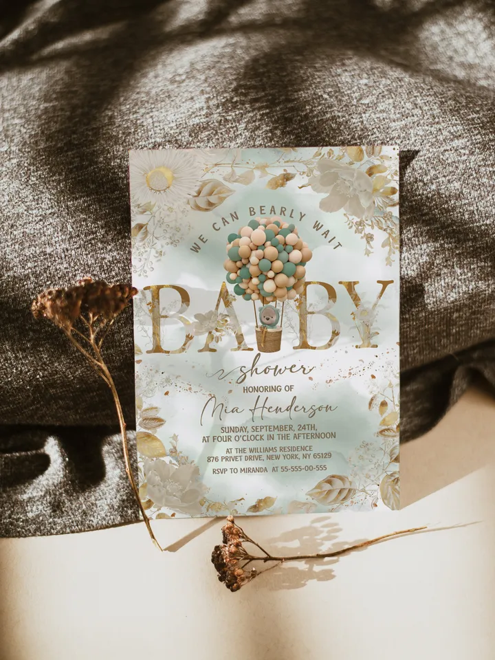 Gender Neutral Teddy Bear hot air balloons baby shower template; We can bearly wait invitation template; teddy bear balloons baby shower