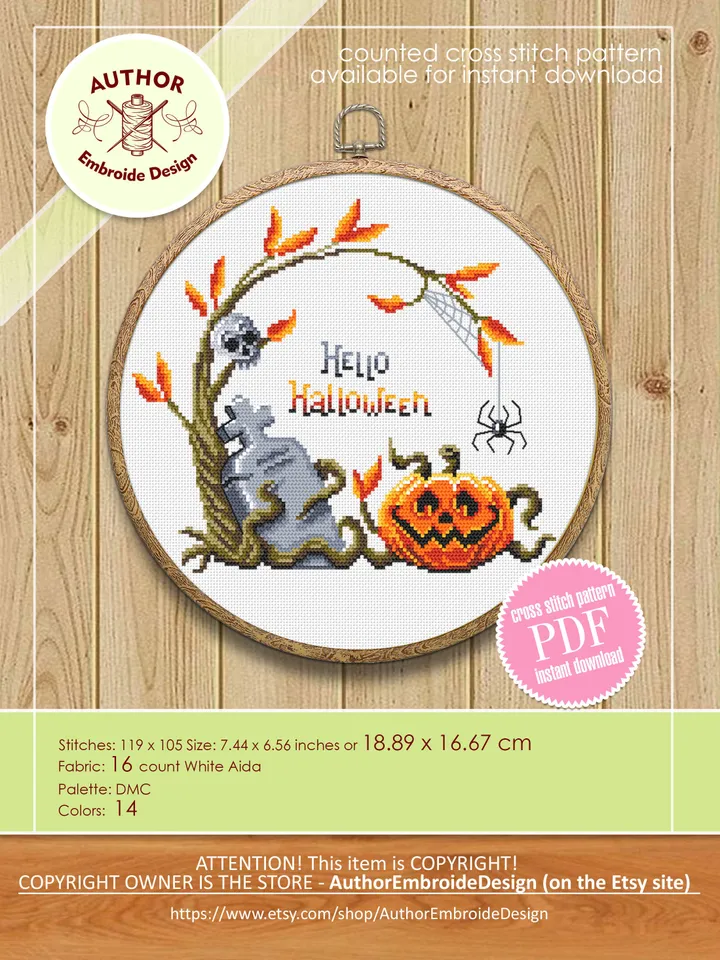 Hello Halloween cross stitch pattern download PDF Pumpkin cross stitch chart, Spooky Halloween pattern digital PDF Fall beginner stitch #H48