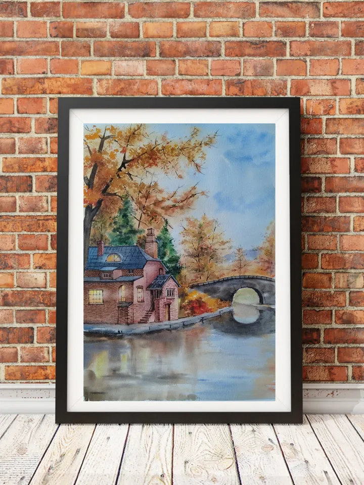 Autumn Country Landscape Art Original Watercolor Painting 11.81x15.74 in by Art Café