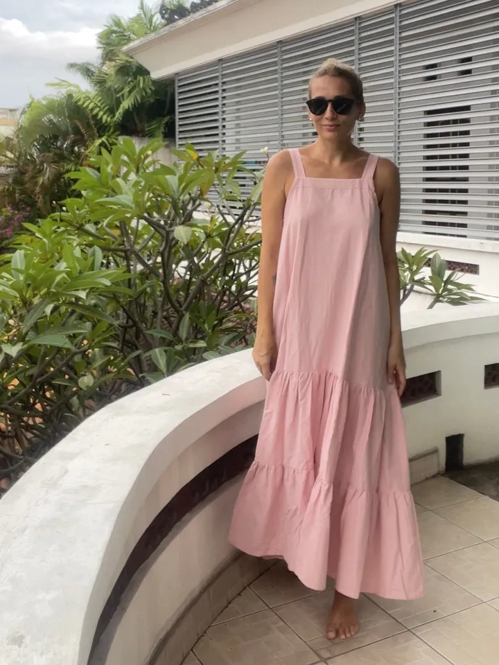 Linen loose light pink summer feminine dress / comfort women vacation summer long oversize dress | light pink designer dress