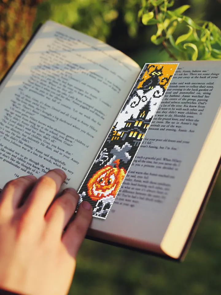 Halloween bookmark cross stitch pattern PDF download Haunted house cross stitch chart, Handmade bookmark pattern digital PDF, Pumpkin #B36