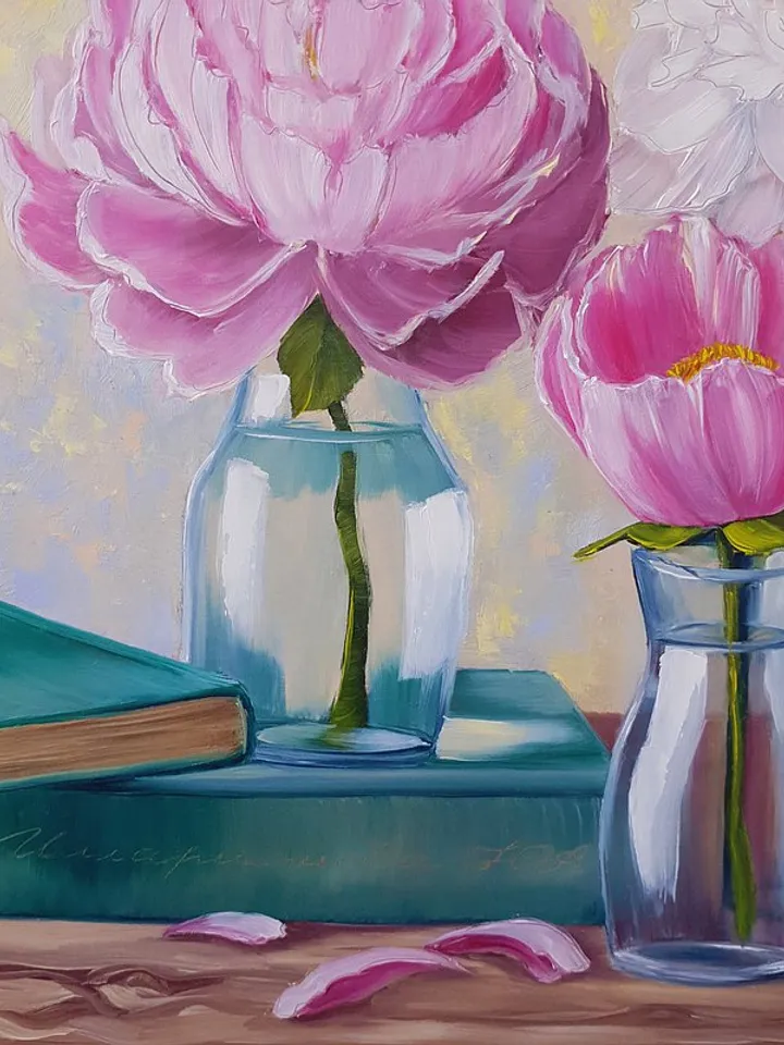 Books Painting Peony Original Art Flowers in Vase Still Life Art Oil Painting