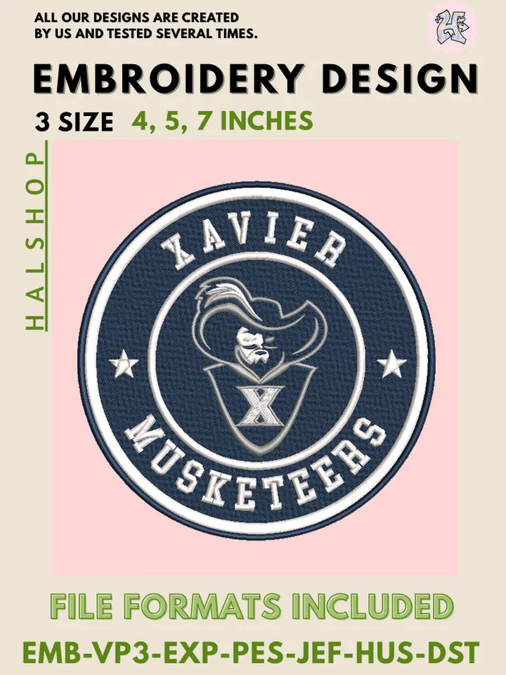 NCAA Xavier Musketeers Round Logo Embroidery, NCAA Xavier Musketeers Logo Embroidery Files, NCAA Teams, Machine Embroidery Designs, Digital Download
