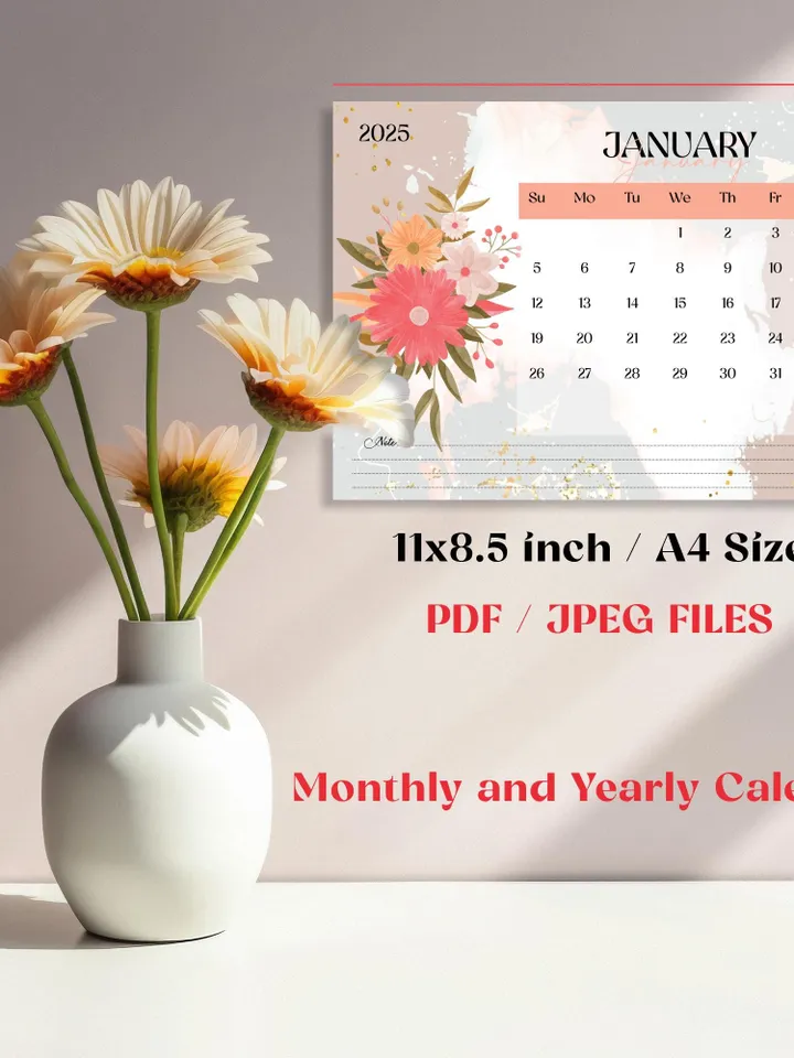 Printable 2025 Calendar, Monthly and Yearly Floral Calendar, A4 PDF & JPEG Files, Digital Wall Calendar, Modern Home Office Decor, New Year