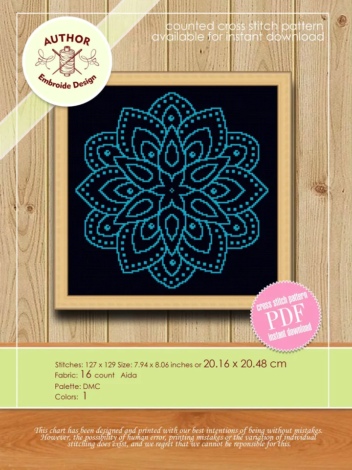 Simple mandala cross stitch pattern download PDF, Easy floral ornament beginners embroidery, Monochrome mandala ornament cross stitch #M94