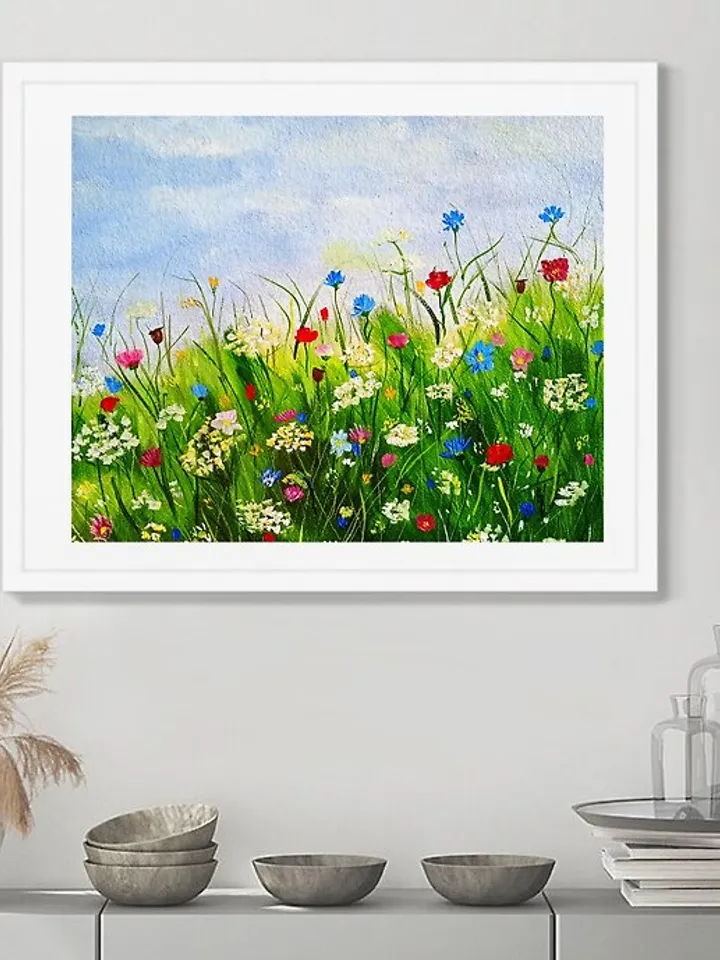 Landscape original oil painting of mountains and wildflowers impasto art