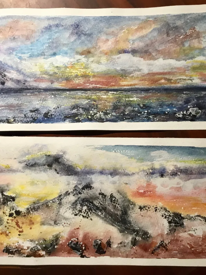 Set of 2 semi-abstract landscapes,original watercolor panoramic paintings,seascape,mountains wall art,modern home decoration,art gifts.