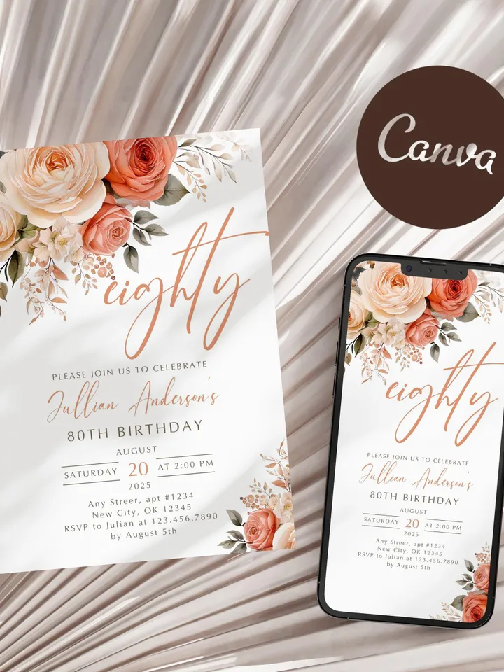 80th Birthday Invitation, Birthday Party Invitations for Women, Floral Birthday Invite for Her, Canva Editable Template, Instant Download