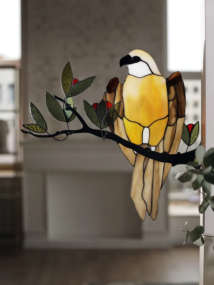 Falcon on a Branch Stained Glass, Tiffany-Style Stained Glass Falcon, Falcon Stained Glass Suncatcher, Handcrafted Falcon on Tree Branch, Tiffany Art Glass – Falcon Design, Elegant Falcon Stained Glass Panel, Nature-Inspired Falcon Tiffany Window Hanging