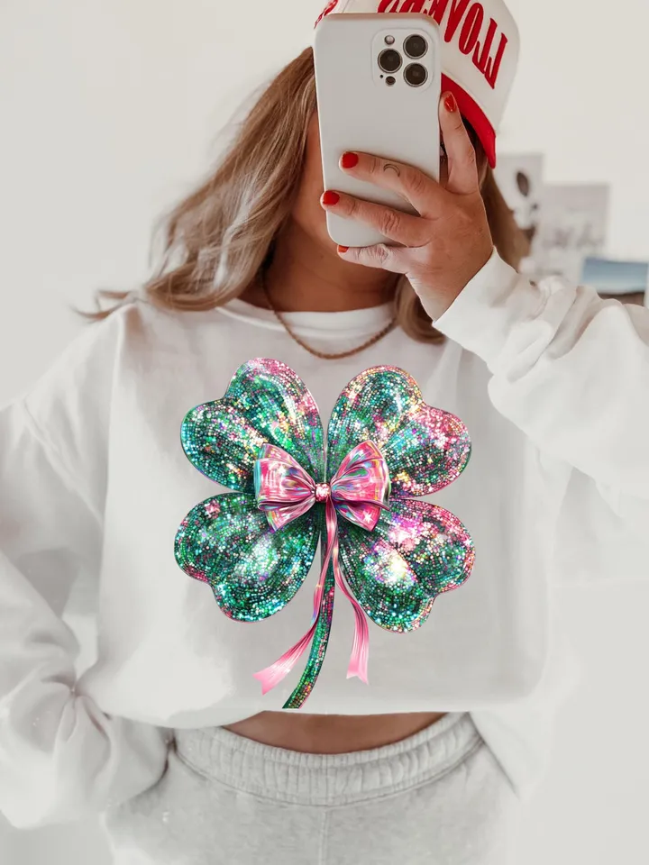 Disco Shamrock png, St Patrick's Day Png, Trendy Shamrock Coquette Bow PNG, St Patrick's Day Sublimation png, Four Leaf Clover Mirror Ball