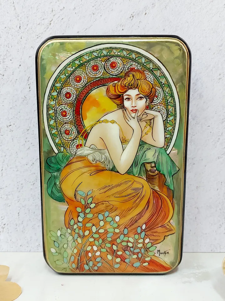 Beautiful Lacquer Box Alphonse Mucha "Topaz" Hand painted miniature painting jewelry box Mother of pearl Papier mache Art gift Fedoskino