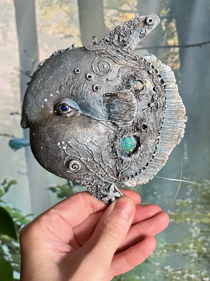 Suspended papier-mâché figurine Fish Moon. Art sculpture from papier-mache - series “Sea”. Unique interior decor handmade. Unusual interior pendant for your collection.