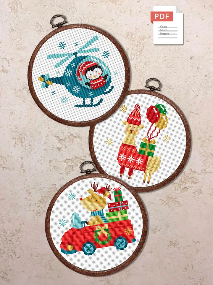 Set of 3 Christmas Animals Cross Stitch Pattern, Merry Christmas Cross Stitch Pattern, Christmas Animals Cross Stitch Pattern #hld020