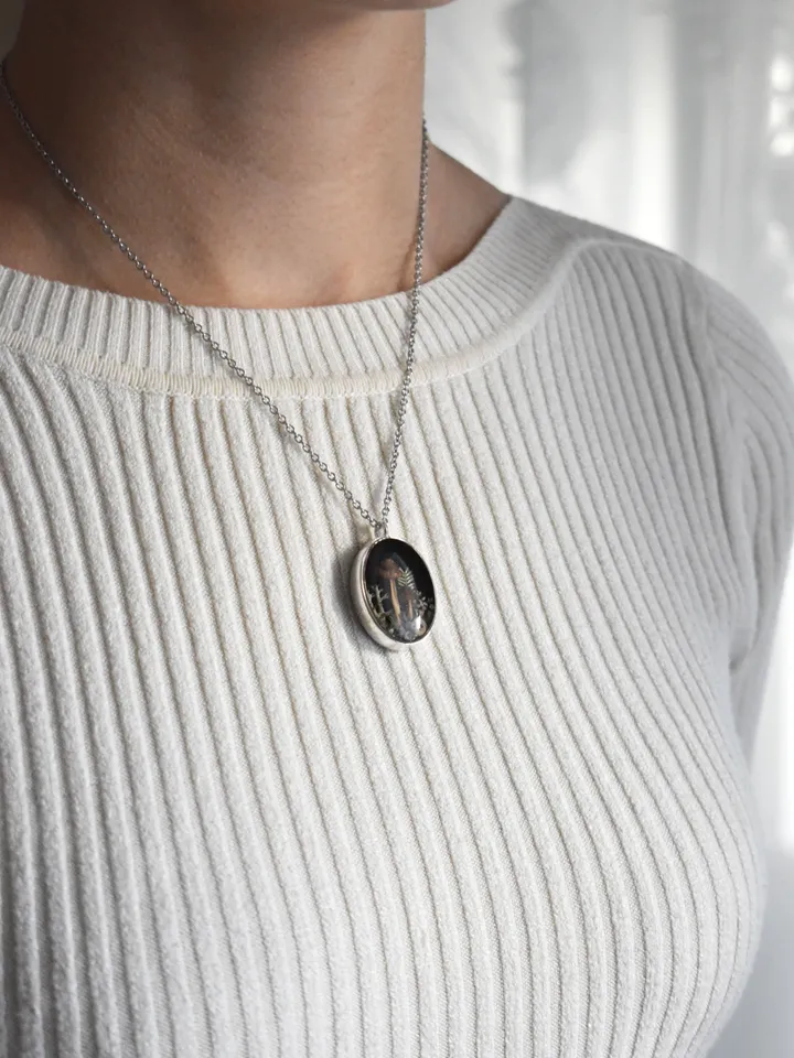 Real mushroom pendant. Necklace with dried mushrooms in resin. Necklace with a forest composition.
