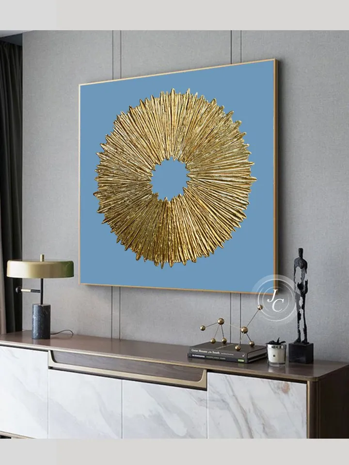 Gold and Blue Abstract Painting Textured artwork Sunburst Original Art Gold Sun painting on canvas | Above couch decor
