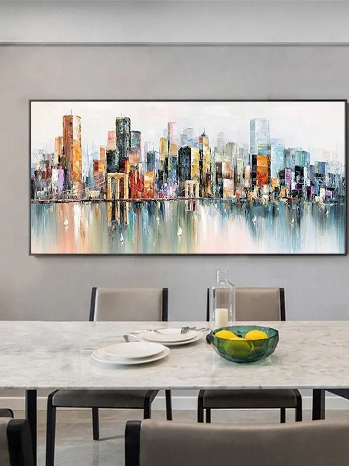 Abstract Cityscape Oil Painting, Large Original Colorful Urban City Landscape Oil Painting on Canvas, Modern Blue Living Room Wall Art Decor