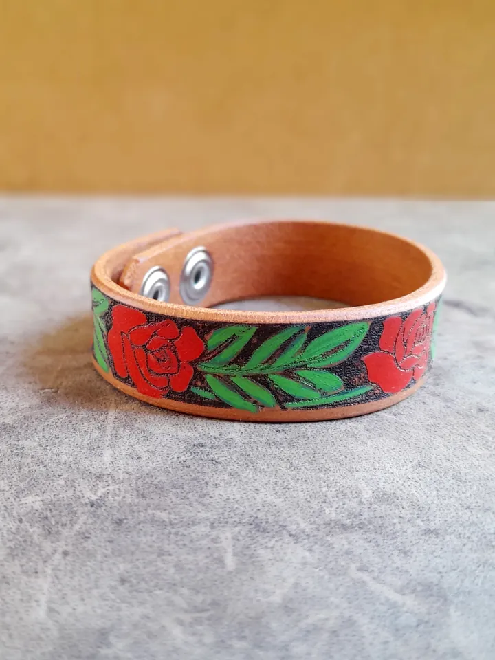 Hand Painted Red Rose Vine Leather Cuff Bracelet, Rose Floral Leather, Personalized Rose Bracelet, Gift for Daughter, Plant Lover Gift Idea