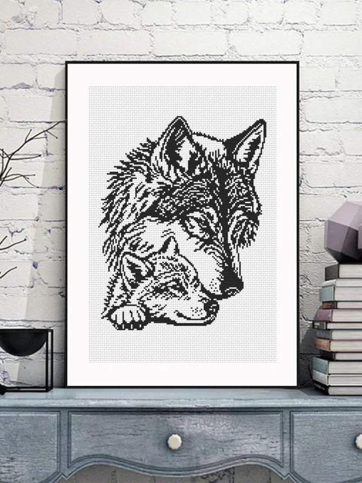 Mom and baby wolf cross stitch pattern PDf download Monochrome wolf silhouette cross stitch chart, Wolf pattern digital PDF, Home decor #K51