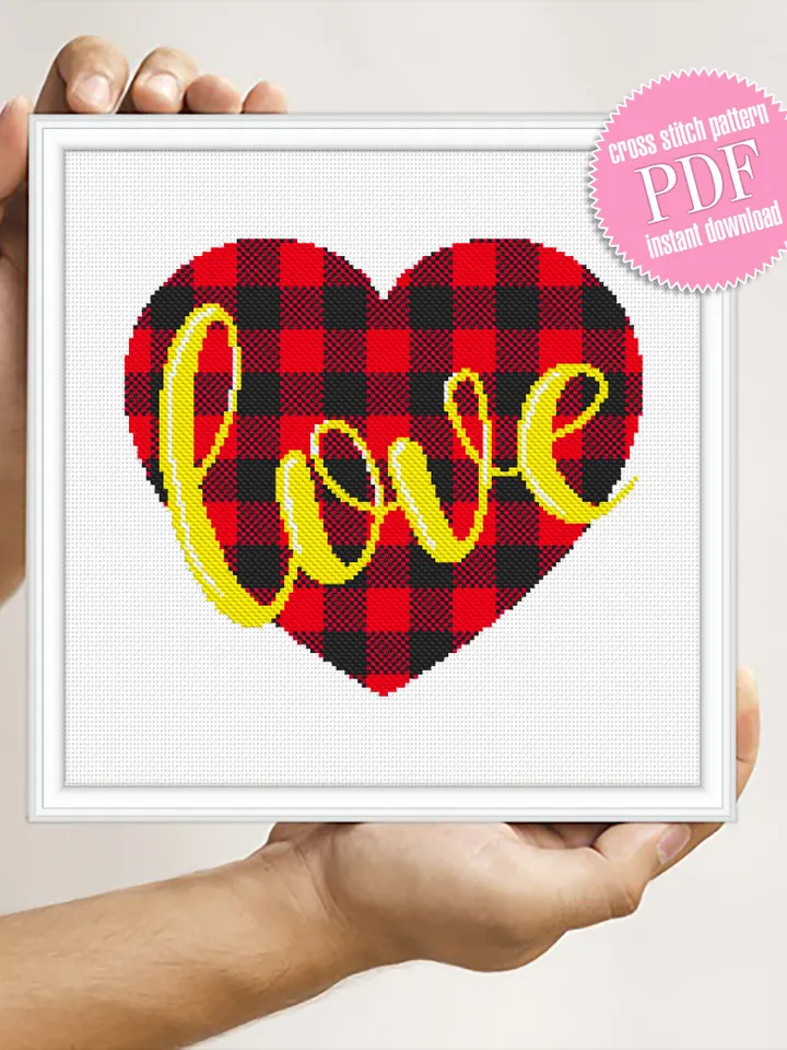 Heart buffalo plaid cross stitch pattern download PDF, Valentine's day cross stitch chart, Love quotes beginner stitch, Heart embroidery #V1