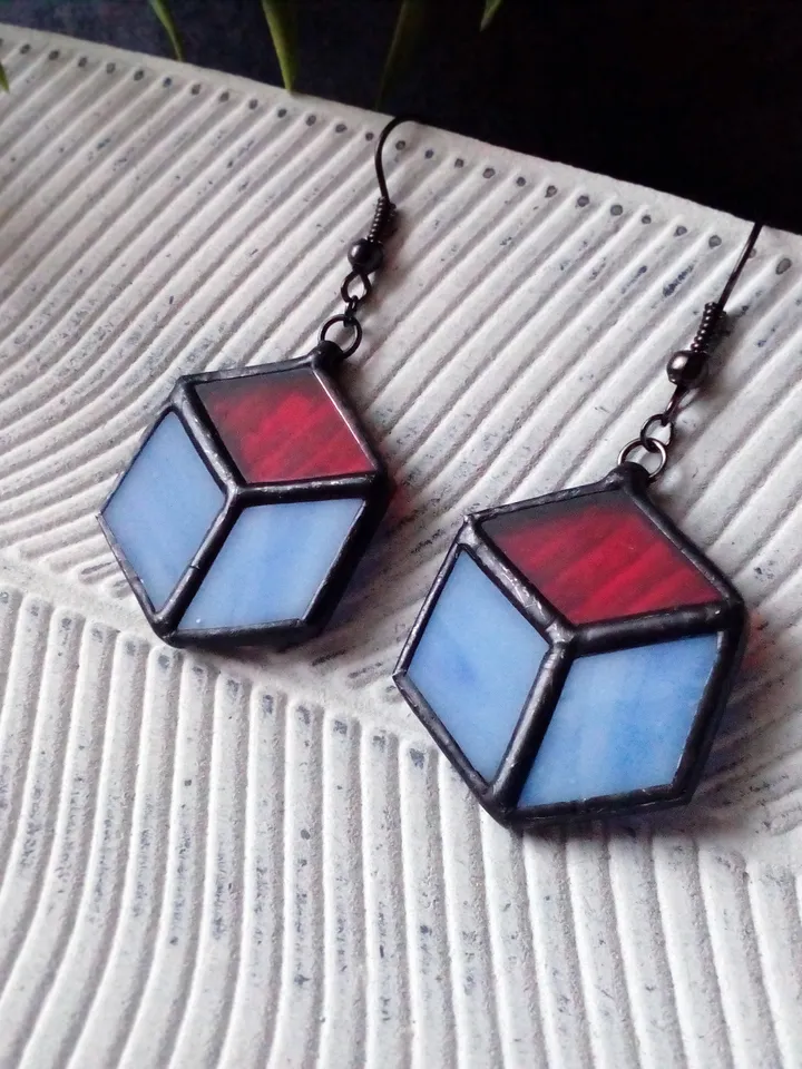 Cube earrrings, hexagon earrings, geometric earrrings, simple stained glass, blue stained glass, honeycomb