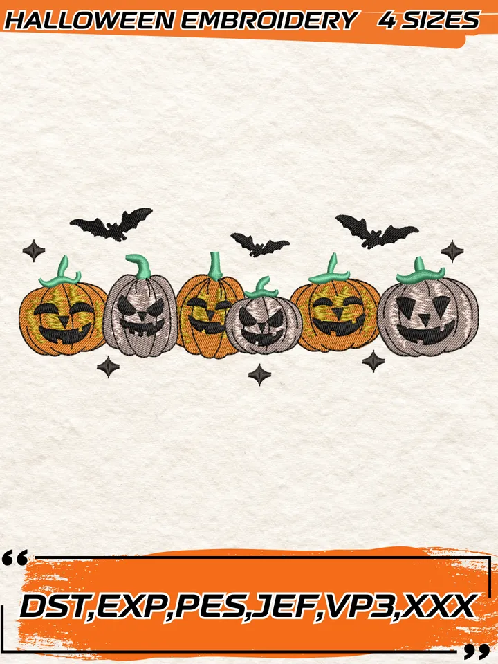 Halloween Pumpkin Funny Faces Embroidery Design,Halloween Embroidery Design,4 Sizes, Digital Download