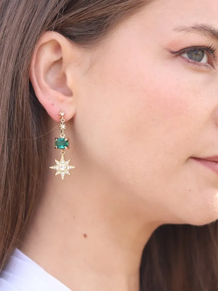 Emerald Gold Star Wedding Earrings, Moon Celestial Bridal Earrings, Boho Wedding Earrings, Statement Earrings, Wedding Jewelry