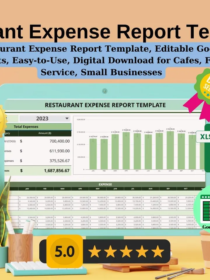 Restaurant Expense Report Template, Editable Google Sheets, Easy-to-Use, Digital Download for Cafes, Food Service, Small Businesses