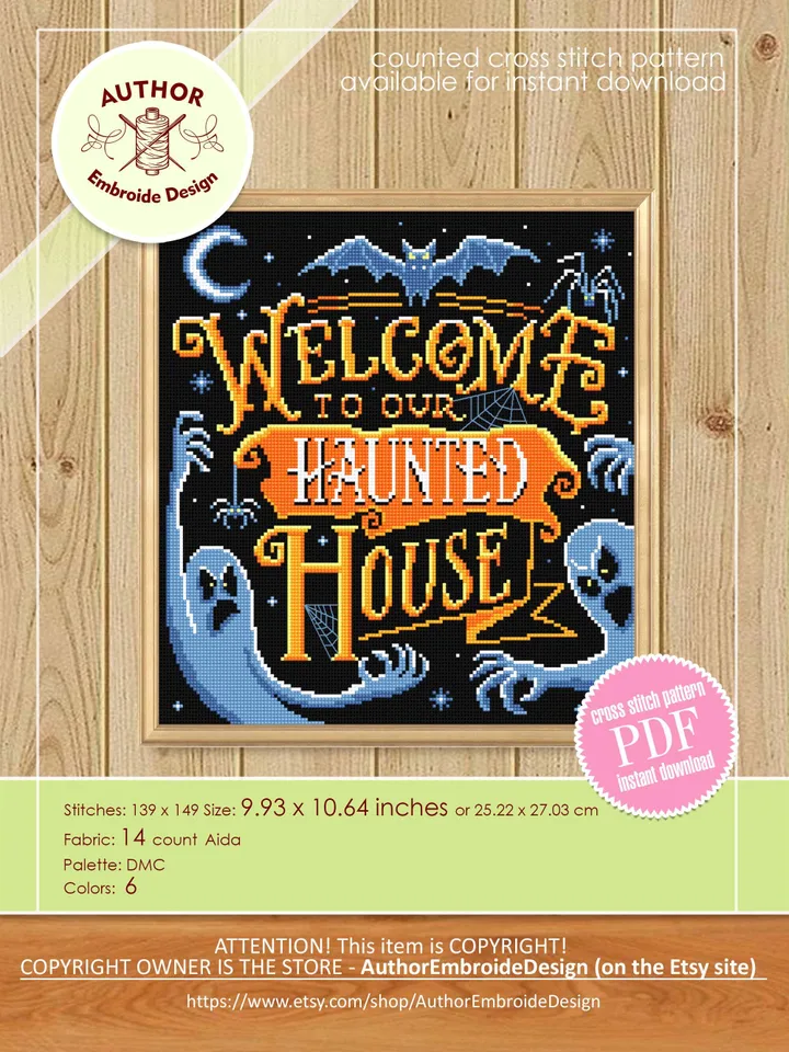 Halloween quotes cross stitch pattern download PDF Spooky ghost cross stitch chart Welcome to our haunted house, Halloween cross stitch #H81