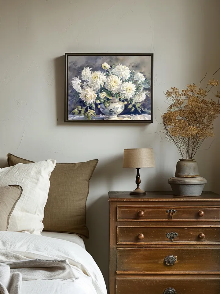 Bouquet of white chrysanthemum in a vase watercolor drawing, digital illustration, digital painting , wall art decoration. AI