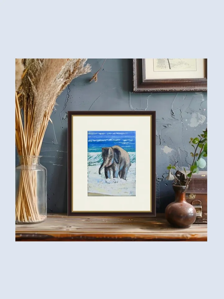 Original Oil Painting of a Baby Elephant Playing on the Beach A Heartwarming Art of Joy and Nature  Delightful Baby Elephant on a Sunny Beach Mini Artwork