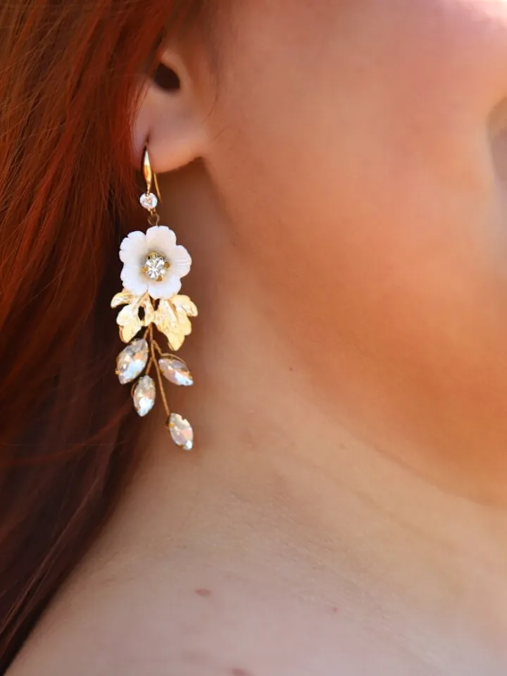 Porcelain Flower Wedding Earrings, Gold Floral Statement Bridal Earrings, Boho Wedding Earrings, Statement Wedding Jewelry Set, Jewellery