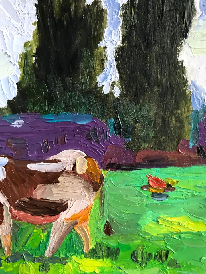 In the village Cow original oil painting hand painted impasto painting farmhouse wall art 6x9 inches