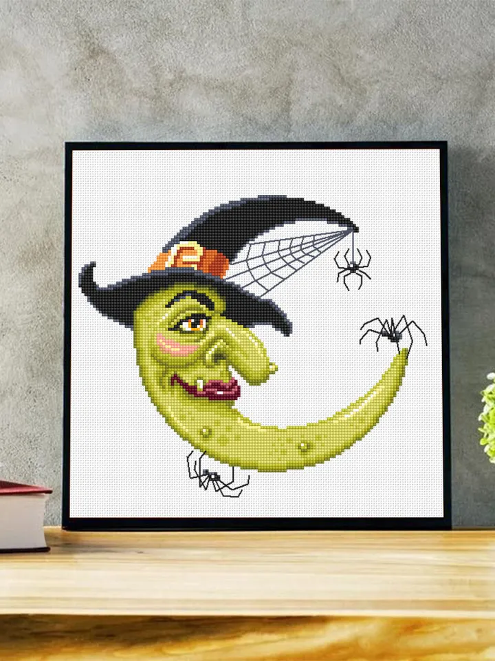 Crescent moon witch cross stitch pattern download PDF, Halloween moon cross stitch chart, Magic witch hat cross stitch Halloween spider #H43