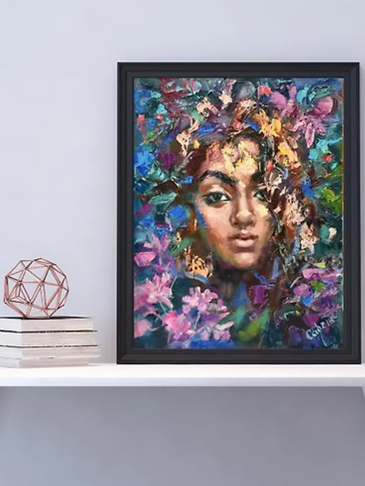 Girl Painting Original Painting Portrait Woman Artwork Flowers
