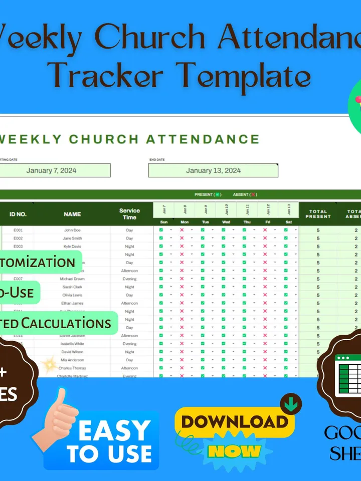 Weekly Church Attendance Tracker Template, Editable Google Sheets, Church Member Attendance Log