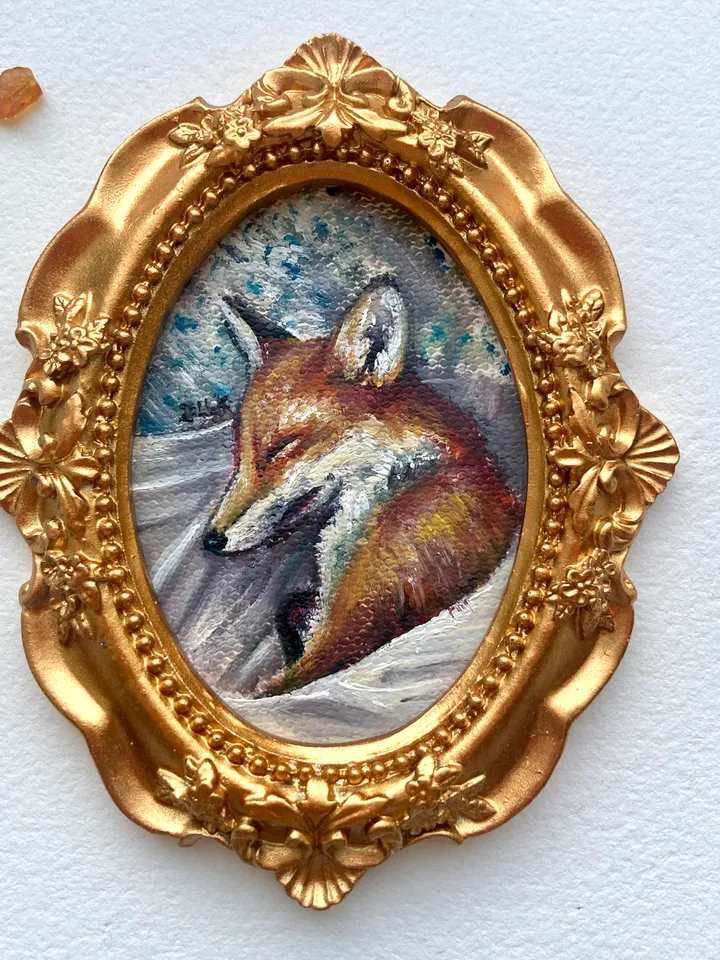 Fox Oil Painting Original In Vintage Style Frame Small Framed Animals Wildlife Art Oval Frame