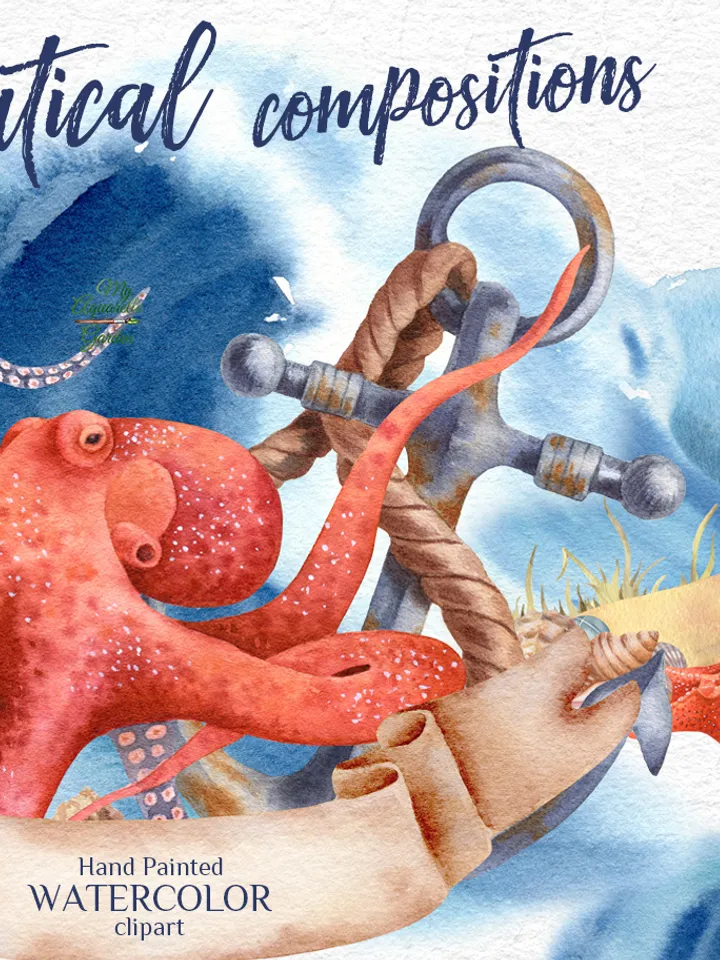 Nautical hand-painted (not AI) watercolor clipart. Lighthouse, octopus, seastar, anchor, ocean. Wall art, nursery decor. Individual PNG files. Instant download