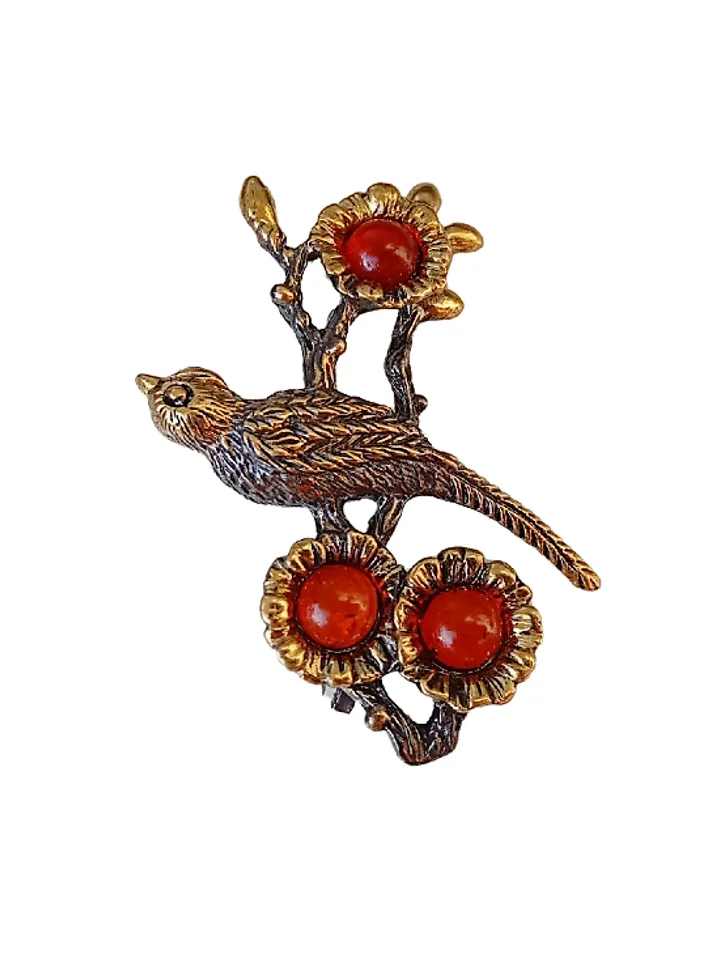 Bird on a branch with flowers Brooch Jewelry Nice gift for girl women Gold Red amber brooch Paradise Bird Brooch Summer jewelry Christmas small gift