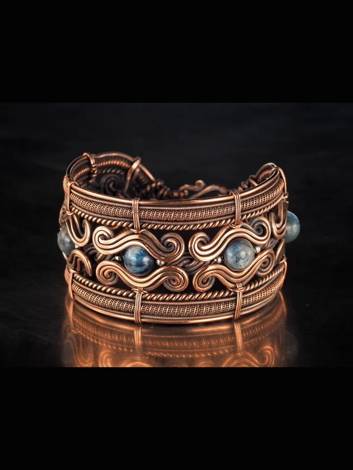 Copper wire wrapped kyanite bracelet Unique bangle 7th Wedding Anniversary