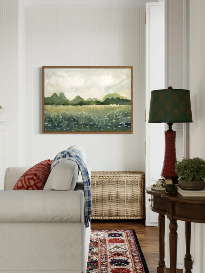 Summer Landscape Wild Flowers Print, Green Field Wall Art, Bed Room Art Print, Country Print, Sun Flower Painting, Neutral Green Print