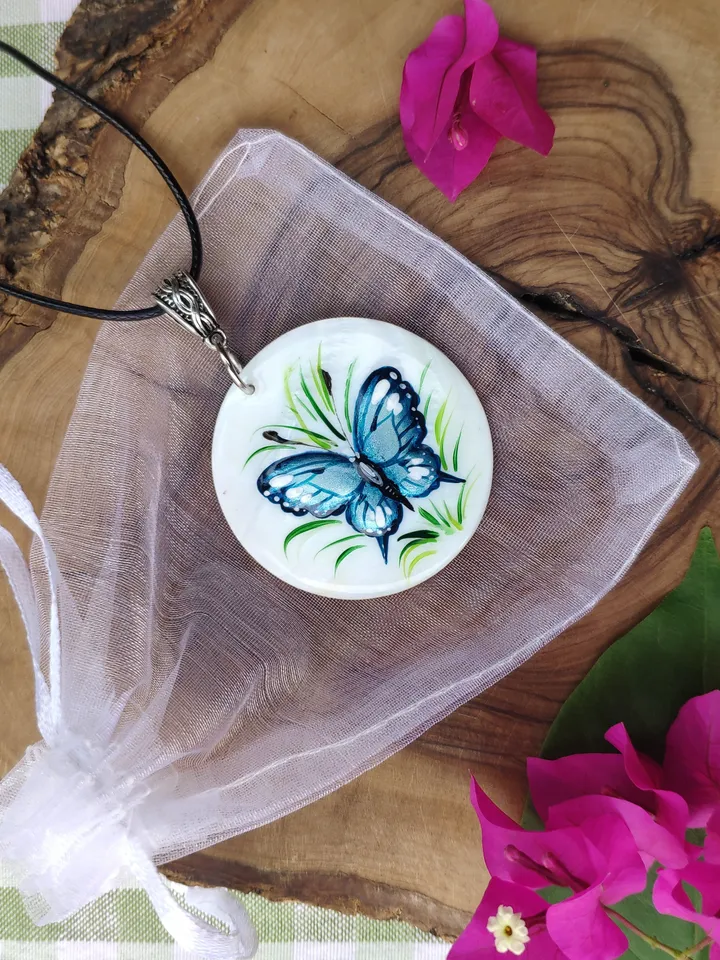Pearl pendant necklace: Elegant Blue Butterfly hand painted on shell pendant • Unique dainty handcrafted jewellery • Stylish aesthetic gift