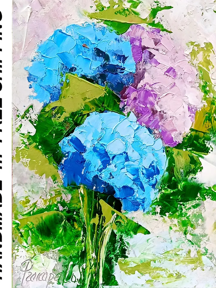 Hydrangea Painting Flower Original Art Abstract Floral Wall Art Chunky Small Oil Painting Impasto Impressionist Artwork home gifts 7x5 in