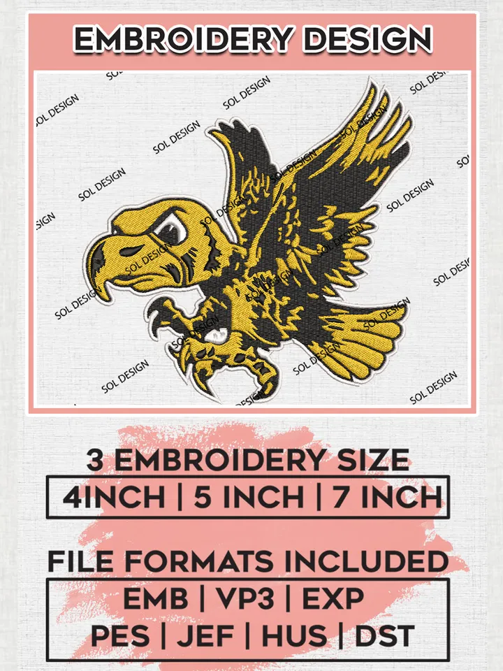 Iowa Hawkeyes Team Mascot Logo Embroidery Design Files, NCAA Iowa Hawkeyes Machine Embroidery, NCAA Teams, 3 sizes, NCAA Machine embroidery designs, Digital Download