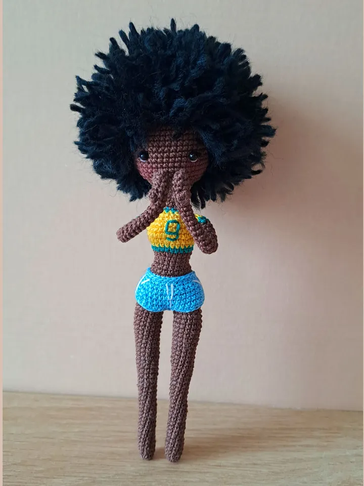Crochet Brazilian doll, black art doll, handmade doll, miss brazil, dark skin doll