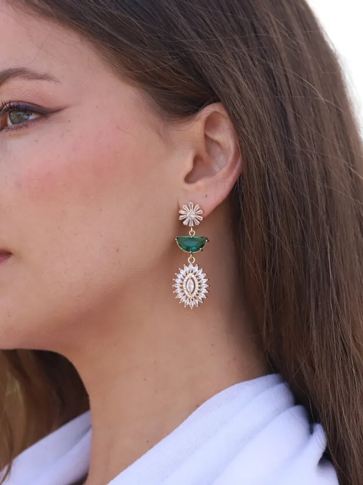Flower Art Deco Bridal Earrings, Emerald Green Gatsby Wedding Earrings, Swarovski Diamond Boho Bridal Earrings, Vintage Statement Jewelry